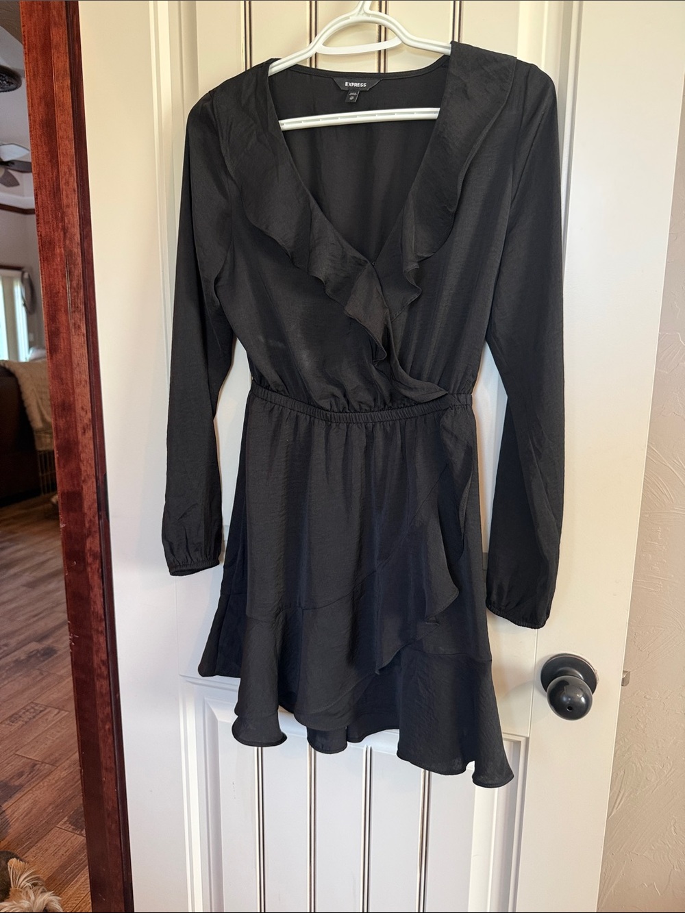 Black XS Long-Sleeve Ruffle Wrap Style Dress with Elastic Waist & Cuff. LikeNew
